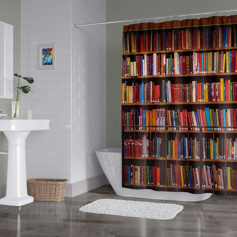 Faitove Library Bookshelf Shower Curtain Vintage Educational Bookcase Shower Curtain Readable Books Fabric Polyester Waterproof Bathroom Decor for School with Hooks 72" x 72" - Image 3